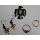 SILVER NAVAJO STYLE BROOCH, 2 SILVER DRESS RINGS & PAIR OF CELTIC STYLE ENAMEL EARRINGS