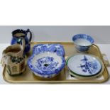 TRAY CONTAINING MIXED CERAMICS, BLUE & WHITE POTTERY, POTTERY JUG, ROYAL DOULTON DISPLAY PLATE ETC