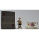 ROYAL CROWN DERBY FIGURINE ORNAMENT "FRUIT SELLER" & ROYAL CROWN DERBY CUP & SAUCER SET