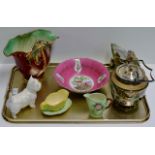 TRAY CONTAINING CARLTON WARE JUGS, BESWICK DOG ORNAMENT, BESWICK VASE, DECORATIVE DISH, LIDDED