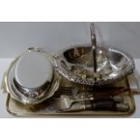 TRAY CONTAINING EPNS DOUBLE HANDLED BASKET, HORN HANDLED SERVERS, EPNS TUREEN ETC