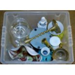 BOX CONTAINING MINIATURE ROYAL DOULTON FIGURINES, VARIOUS GLASS WARE, BRASS CANDLE HOLDERS ETC