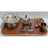 TRAY WITH QUANTITY VARIOUS EPNS WARE, COMPORT, CANDLE STICKS, LADLES ETC