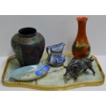 TRAY CONTAINING CLOISONNÉ VASE, BLUE & WHITE JUG, ORIENTAL VASE ON STAND ETC