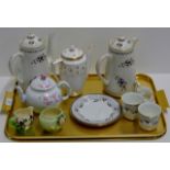 TRAY CONTAINING QUANTITY SHELLEY TEA WARE, LIDDED TEA POTS, MALING JUG, CARLTON JAR ETC