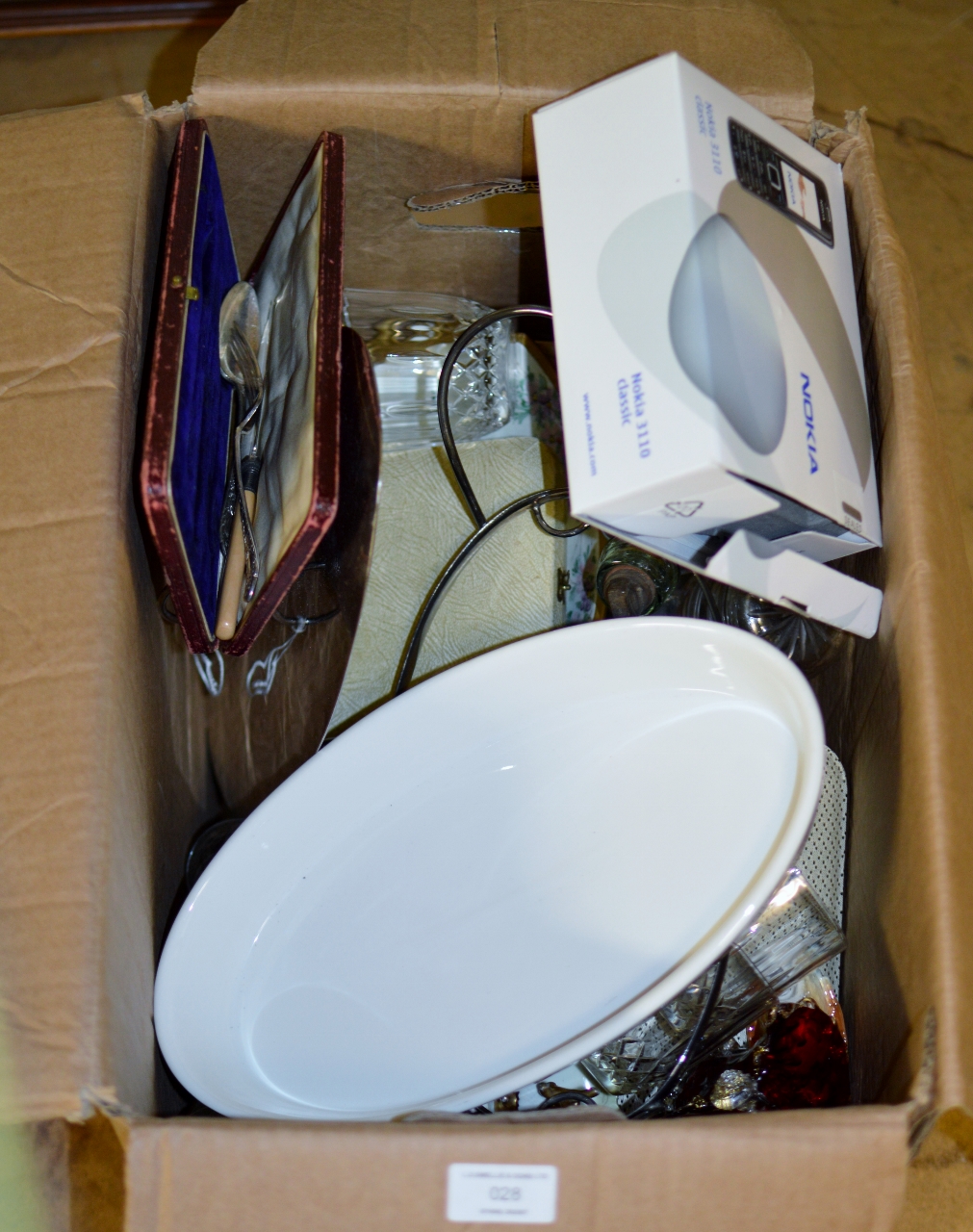 BOX CONTAINING VARIOUS CUT CRYSTAL GLASSES, CUTLERY SETS, LIDDED JAR, MOBILE PHONE ETC