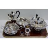 TRAY CONTAINING 4 PIECE EPNS TEA SERVICE, EPNS BASKET, TANKARD ETC