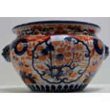 LARGE 13" DIAMETER JAPANESE IMARI PORCELAIN PLANTER WITH DOUBLE LION MASK HANDLES