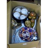 BOX CONTAINING PAIR OF DECORATIVE FIGURINES, TEA SET IN BOX, JAPANESE TEA WARE, MASONS PLATES ETC