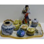 TRAY CONTAINING VARIOUS ORIENTAL CERAMICS, FIGURINE DISPLAY, CHINESE VASE, ROYAL WORCESTER MUG,