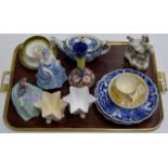 TRAY CONTAINING ROYAL DOULTON FIGURINE "DELICIA" HN1681 (DAMAGED), ROYAL WORCESTER POSY VASES,