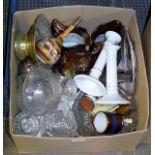 BOX CONTAINING LUSTRE JUGS, CUT GLASS WARE, PARAGON ROYALTY PLATE, BUD VASE, BRASS PEDESTAL BOWL,