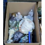 BOX CONTAINING LARGE SEA SHELL, VARIOUS LLADRO STYLE ORNAMENTS, FLORAL POSY ORNAMENT & GENERAL