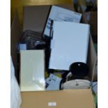 BOX CONTAINING KITCHEN SCALES, COFFEE GRINDER, KENWOOD MIXER & GENERAL HOUSEHOLD ITEMS