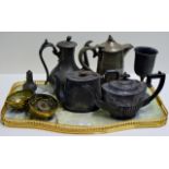 TRAY CONTAINING PEWTER GOBLET, VARIOUS OLD PEWTER TEA POTS, LARGE PEWTER LIDDED JUG ETC