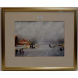 10¾" X 15¼" GILT FRAMED WATER COLOUR "DUTCH WINTER SCENE WITH SKATERS" UNSIGNED