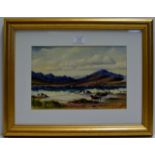 7½" X 11¼" GILT FRAMED OIL PAINTING ON PAPER "THE HILLS OF SKYE" INITIALLED J.N.