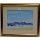 10¼" X 13¾" CONTEMPORARY GILT FRAMED ACRYLIC PAINTING "THE HILLS OF SKYE" BY JAS NAPLES & DATED 1995