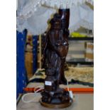 ORIENTAL CARVED WOODEN FIGURAL TABLE LAMP WITH SHADE