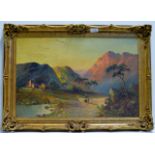 13" X 23½" GILT FRAMED OIL ON CANVAS "FIGURES ON ROAD, LANDSCAPE" SIGNED F.E. JAMIESON (FRANK E.