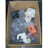 BOX CONTAINING VARIOUS CRYSTAL & GLASS WARE, SOFT TOYS, BIRD ORNAMENTS ETC
