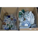 2 BOXES WITH VARIOUS GLASS & CRYSTAL WARE, STEM GLASSES, TEA WARE, SWAN POSY VASE ETC