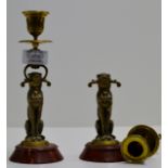 PAIR OF UNUSUAL BRASS CANDLE HOLDERS MODELLED AS BIG CATS ON MARBLE STANDS