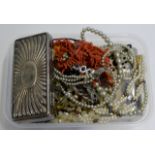 BOX WITH QUANTITY VARIOUS COSTUME JEWELLERY, FAUX PEARLS, COINAGE ETC