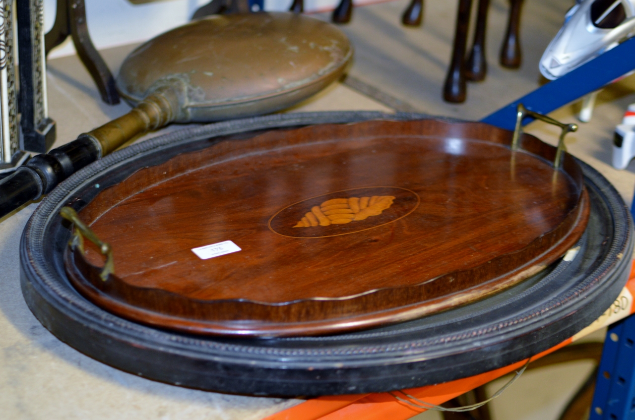 COPPER WARMING PAN, INLAID MAHOGANY SERVING TRAY & FRAMED WALL MIRROR