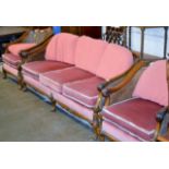 3 PIECE MAHOGANY FRAMED BERGERE SUITE COMPRISING 3 SEATER SETTEE & 2 SINGLE ARM CHAIRS