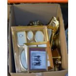 BOX CONTAINING VARIOUS GILT STANDS, WALL SHELF, DECORATIVE CLOCK ETC