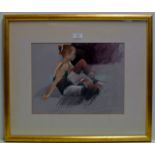 11½" X 15" CONTEMPORARY GILT FRAMED MIXED MEDIA WORK BY DEREK JONES "RED LEG WARMERS" FROM THE