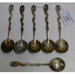 SET OF 6 ORNATE CHINESE SILVER SPOONS WITH SHAFTS MODELLED AS SWORDS WITH DRAGONS COILED AROUND THEM