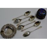 SET OF 6 SHEFFIELD SILVER APOSTLE SPOONS, CONTINENTAL SILVER ASHTRAY & CHINESE ENAMEL BOX