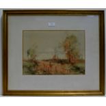 10½" X 14½" GILT FRAMED WATER COLOUR "DROVING SHEEP" BY TOM CAMPBELL