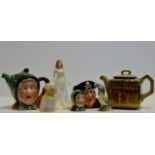 A GROUP OF MIXED CERAMICS COMPRISING ROYAL DOULTON LIDDED TEAPOT, BESWICK CHARACTER TEAPOT WITH A