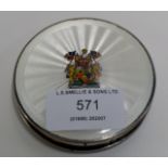 ART DECO BIRMINGHAM SILVER GUILLOCHE ENAMEL CIRCULAR POWDER COMPACT WITH ARMORIAL MOTIF