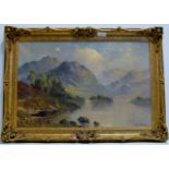 15" X 23½" GILT FRAMED OIL ON CANVAS "LOCH KATRINE" SIGNED F.E. JAMIESON (FRANK E. JAMIESON)