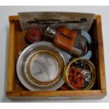 MINIATURE LEATHER BOUND HIP FLASK, VARIOUS EASTERN JEWELLERY, YELLOW METAL BANGLES ETC