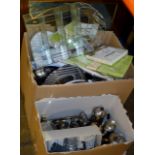 2 BOXES CONTAINING COFFEE & TEA POTS, DISPLAY CASE, CHROME TRAYS, TABLE COVERS ETC