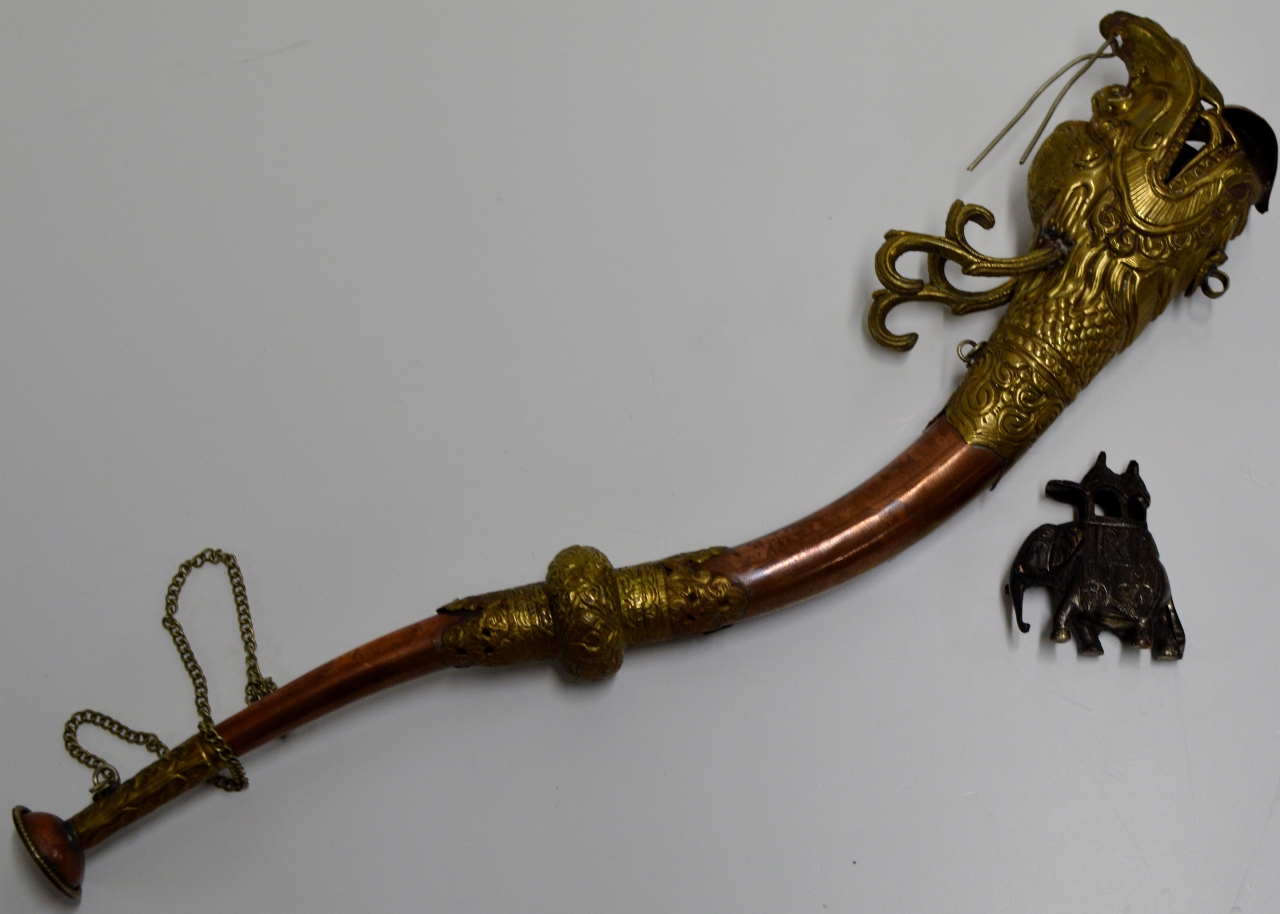 ORNATE ORIENTAL COPPER & BRASS HORN & METAL ELEPHANT ORNAMENT