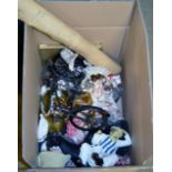 BOX CONTAINING OLD MAP, HORSE ORNAMENT, VARIOUS PORCELAIN DOLLS, METAL BICYCLE DISPLAY ETC