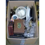 BOX CONTAINING VARIOUS CUT CRYSTAL GLASSES, GAME CHIPS, LACQUERED BOXES, JAPANESE IMARI VASE,
