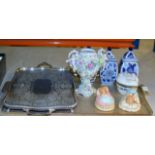 TRAY WITH EPNS TRAY, PAIR OF LIDDED JARS, DECORATIVE VASE, PENDELFIN RABBITS ETC