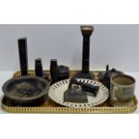 TRAY CONTAINING PART CARLTON WARE DRESSING TABLE SET (WITH DAMAGES), WEDGWOOD RIBBON PLATE,