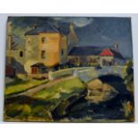 20" X 24" FRAMED OIL ON CANVAS "VILLAGE BRIDGE SCENE" SIGNED ALLSOP (HARRY)