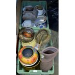 2 BOXES WITH VARIOUS PLANTERS, POTTERY VASES, LARGE GLASS VASE & GENERAL BRIC-A-BRAC