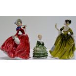 A GROUP OF 3 ROYAL DOULTON FIGURINE ORNAMENTS COMPRISING BELLE "HN2340", SIMONE "HN2378" & AUTUMN