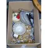 BOX CONTAINING VARIOUS STEM GLASS WARE, BLUE & WHITE DISHES, PEDESTAL BOWL, PLATE STANDS ETC