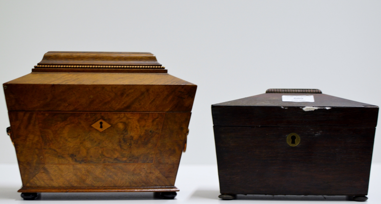 INLAID MAHOGANY & WALNUT SARCOPHAGUS STYLE 2 DIVISION TEA CADDY & 1 OTHER TEA CADDY